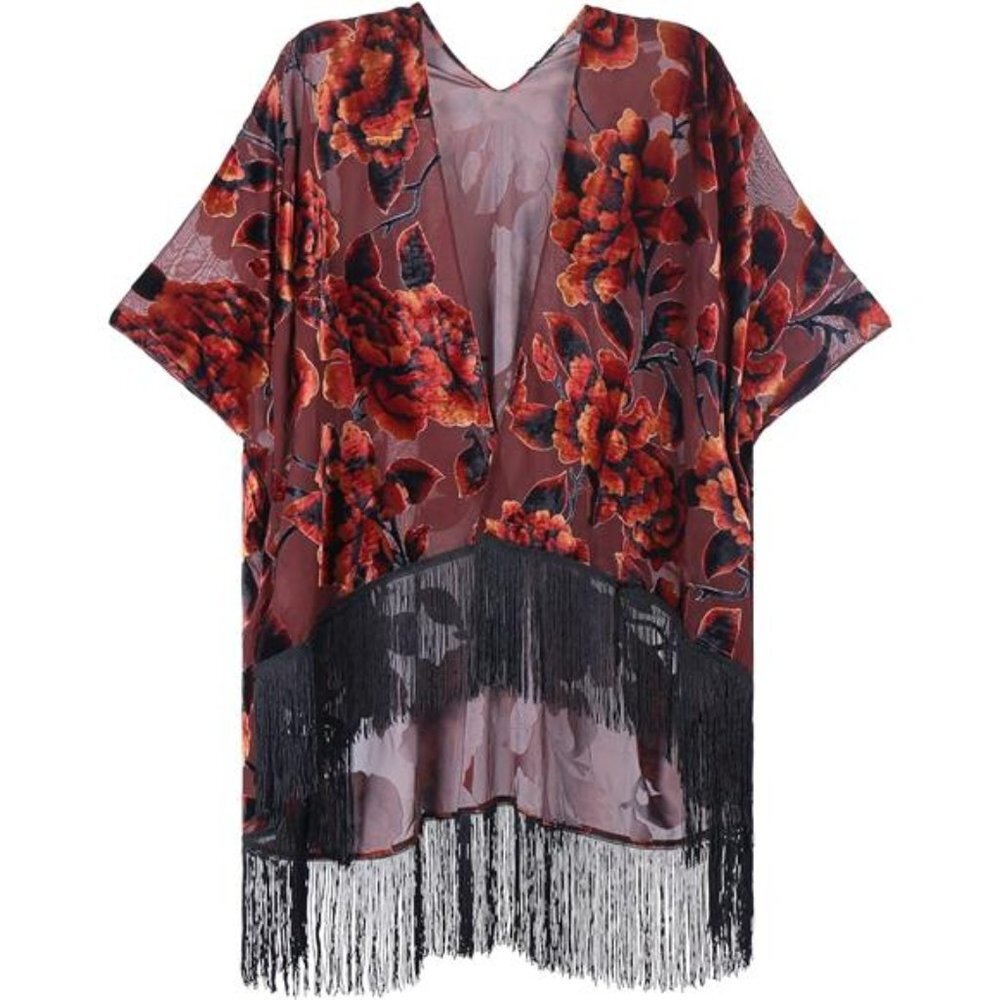Black Burnout Velvet Floral Rose Print Fringe Kimono Cardigan Shawl‎ Poncho